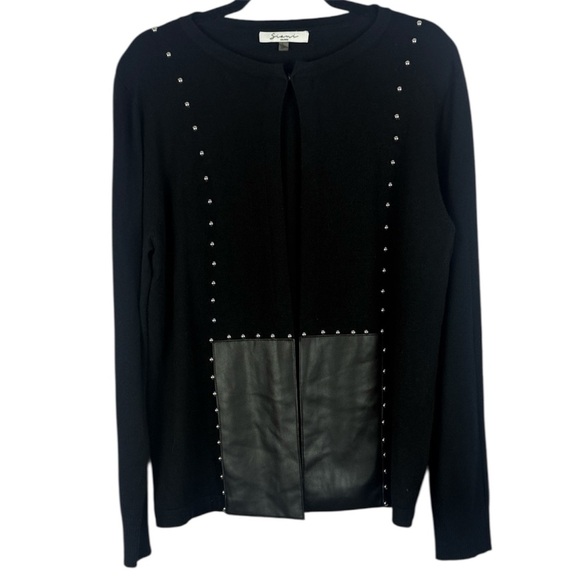 Sioni Chic Sophisticated Black Large Cardigan Fake Leather Panel & Stylish Studs - Picture 1 of 12